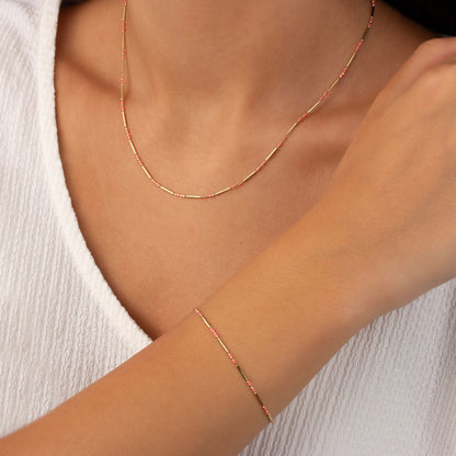 Pink Tourmaline Enameled Beaded Bar Bracelet 14K Solid Gold / Silver, Layered Spaced Design