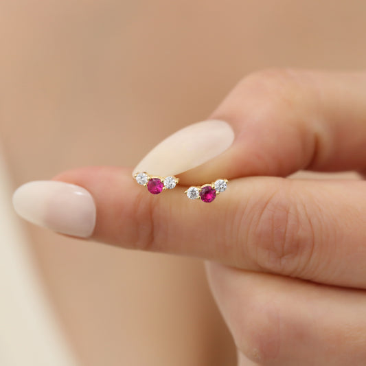 3 Stone Ruby Stud Earrings with Real Diamonds in 10K/14K Solid Gold, July Birthstone