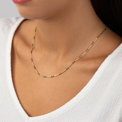 Black Onyx 14K Solid Gold / Silver Layered Enameled Spaced Beaded Bar Necklace, Birthstone Jewelry