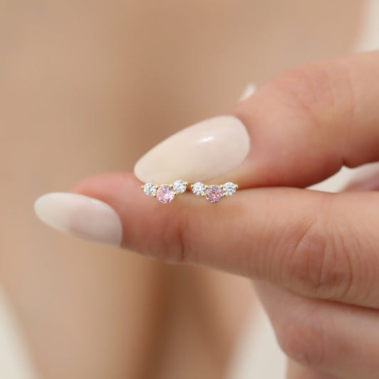 3 Stone Pink Tourmaline Stud Earrings with Real Diamonds in 10K/14K Solid Gold, October Birthstone