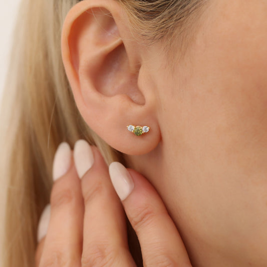 3 Stone Peridot Stud Earrings with Real Diamonds in 10K/14K Solid Gold, August Birthstone