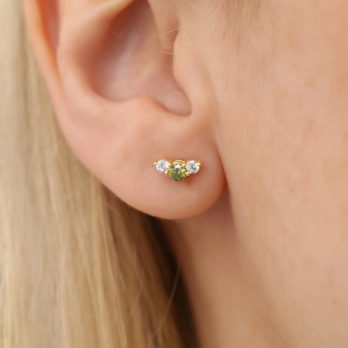 3 Stone Peridot Stud Earrings with Real Diamonds in 10K/14K Solid Gold, August Birthstone