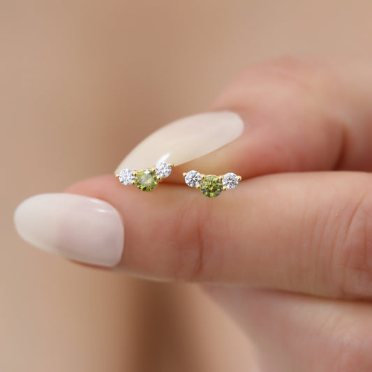 3 Stone Peridot Stud Earrings with Real Diamonds in 10K/14K Solid Gold, August Birthstone