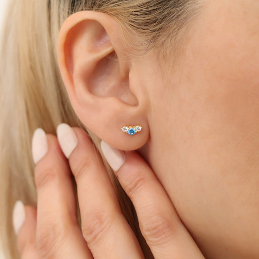 3 Stone Blue Topaz Stud Earrings with Real Diamonds in 10K/14K Solid Gold, December Birthstone
