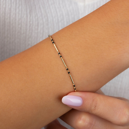 Black Onyx Enameled Beaded Bar Bracelet 14K Solid Gold / Silver, Layered Spaced Design