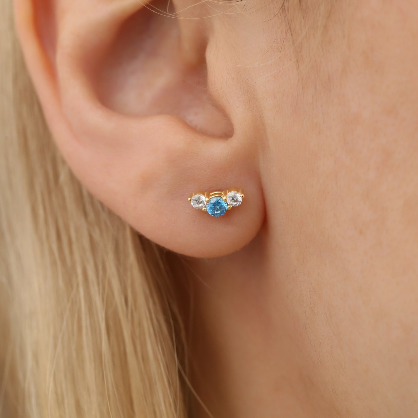 3 Stone Blue Topaz Stud Earrings with Real Diamonds in 10K/14K Solid Gold, December Birthstone