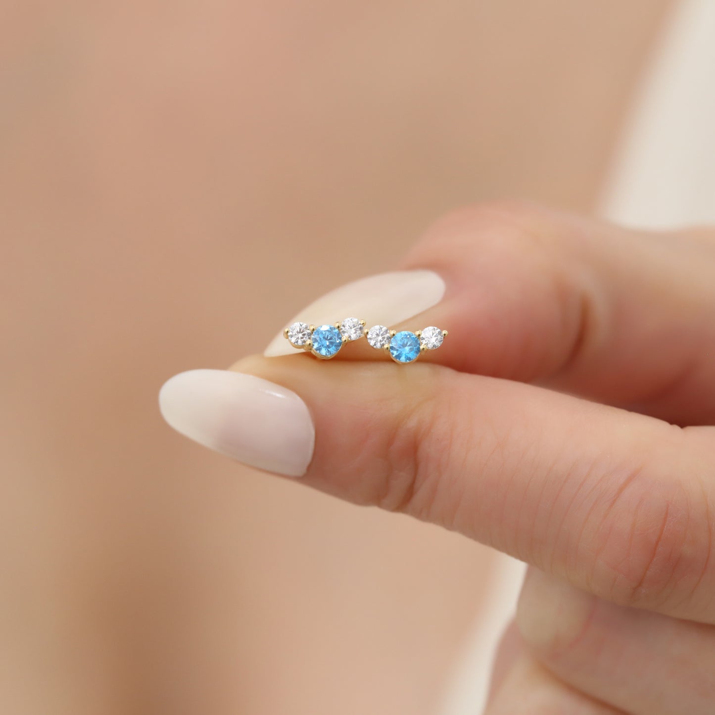 3 Stone Blue Topaz Stud Earrings with Real Diamonds in 10K/14K Solid Gold, December Birthstone
