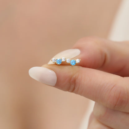 3 Stone Blue Topaz Stud Earrings with Real Diamonds in 10K/14K Solid Gold, December Birthstone