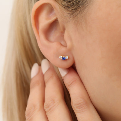 3 Stone Sapphire Stud Earrings with Real Diamonds in 10K/14K Solid Gold, September Birthstone