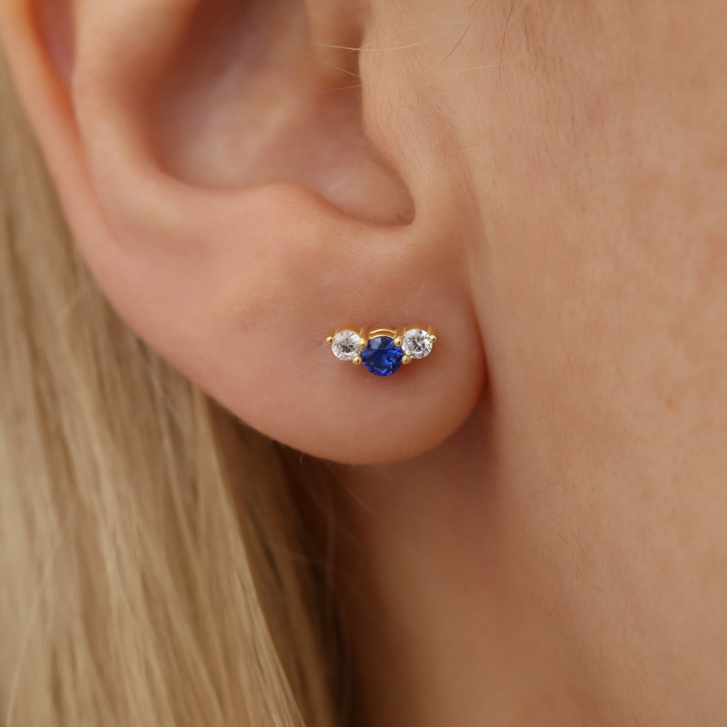 3 Stone Sapphire Stud Earrings with Real Diamonds in 10K/14K Solid Gold, September Birthstone