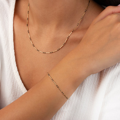 Black Onyx 14K Solid Gold / Silver Layered Enameled Spaced Beaded Bar Necklace, Birthstone Jewelry