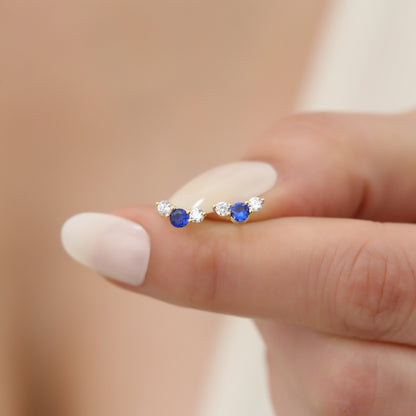 3 Stone Sapphire Stud Earrings with Real Diamonds in 10K/14K Solid Gold, September Birthstone