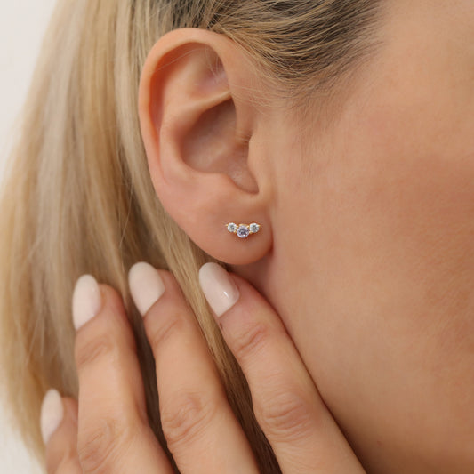 3 Stone Alexandrite Stud Earrings with Real Diamonds in 10K/14K Solid Gold, June Birthstone