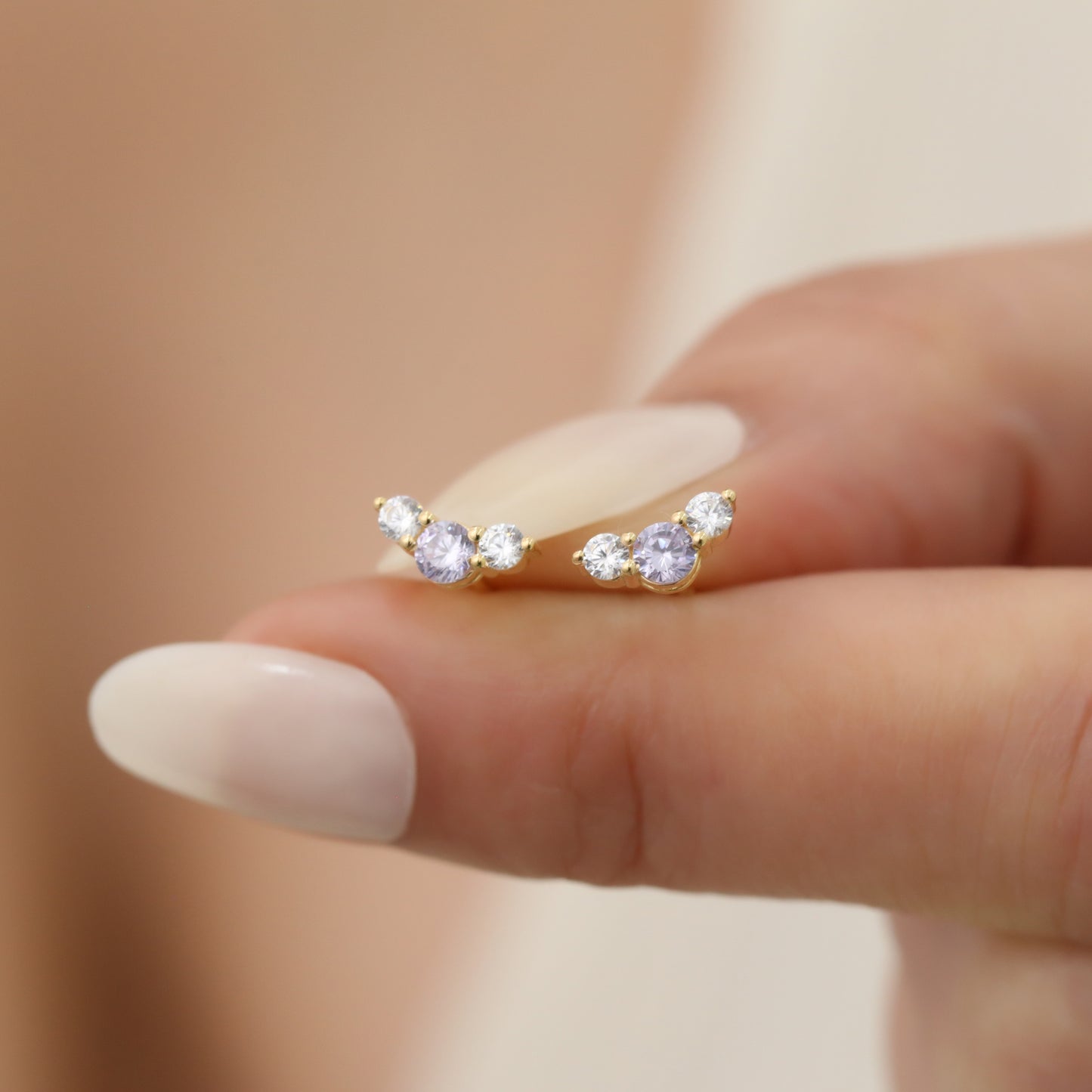 3 Stone Alexandrite Stud Earrings with Real Diamonds in 10K/14K Solid Gold, June Birthstone