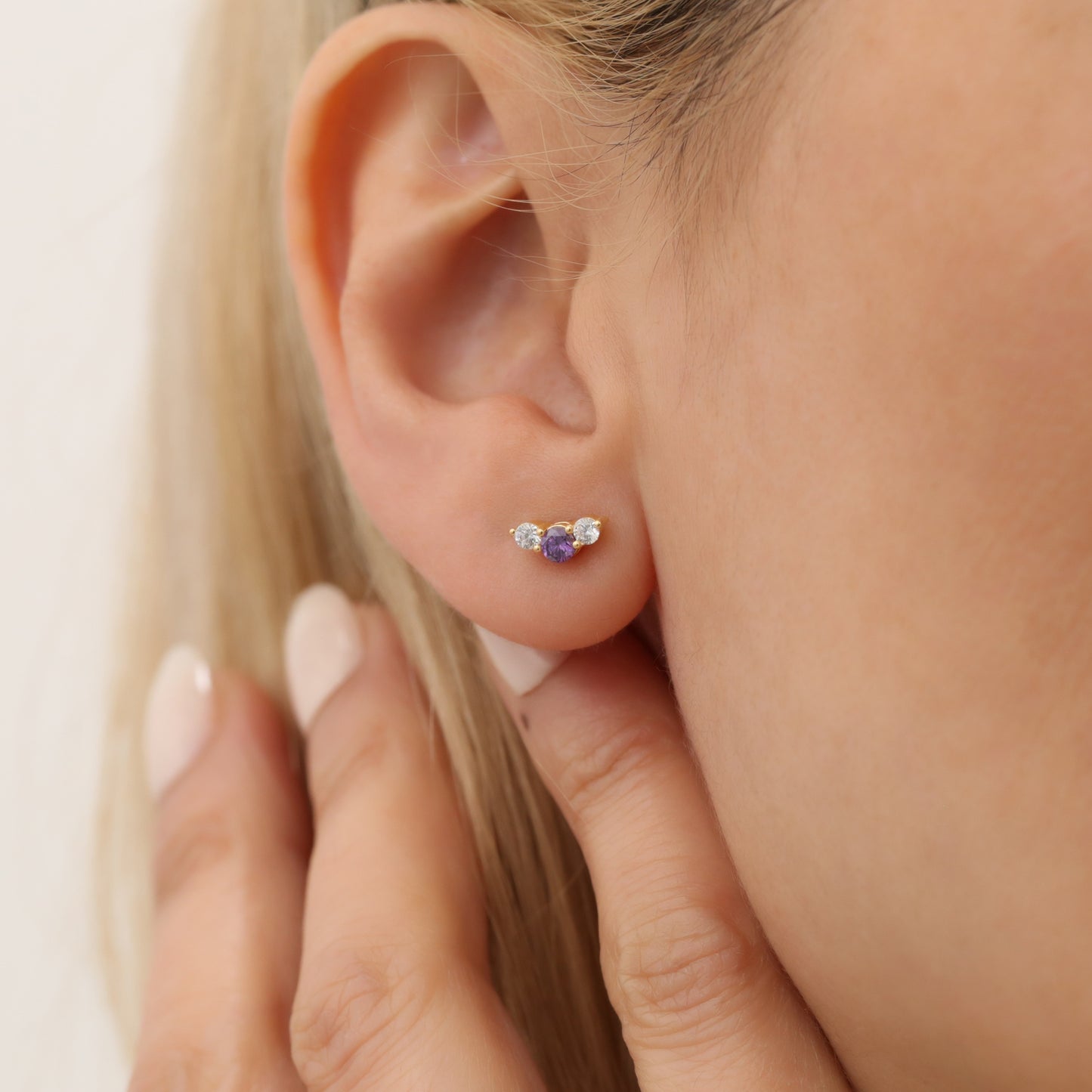 3 Stone Amethyst Stud Earrings with Real Diamonds in 10K/14K Solid Gold, February Birthstone