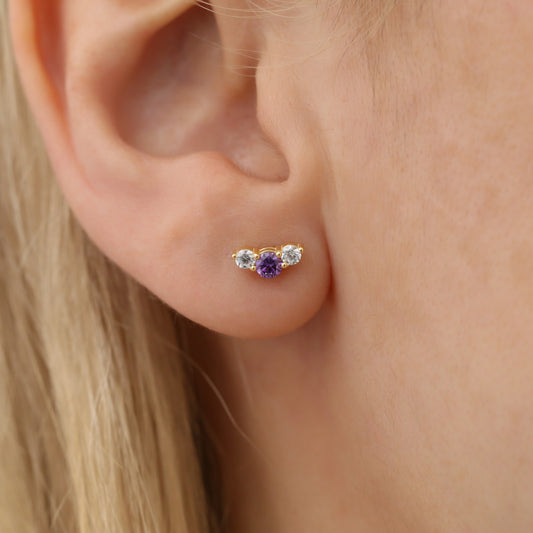 3 Stone Amethyst Stud Earrings with Real Diamonds in 10K/14K Solid Gold, February Birthstone