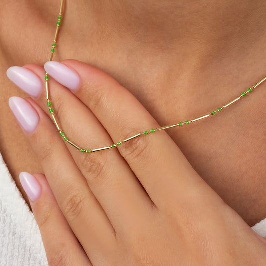 Aquagreen 14K Solid Gold / Silver Layered Enameled Spaced Beaded Bar Necklace