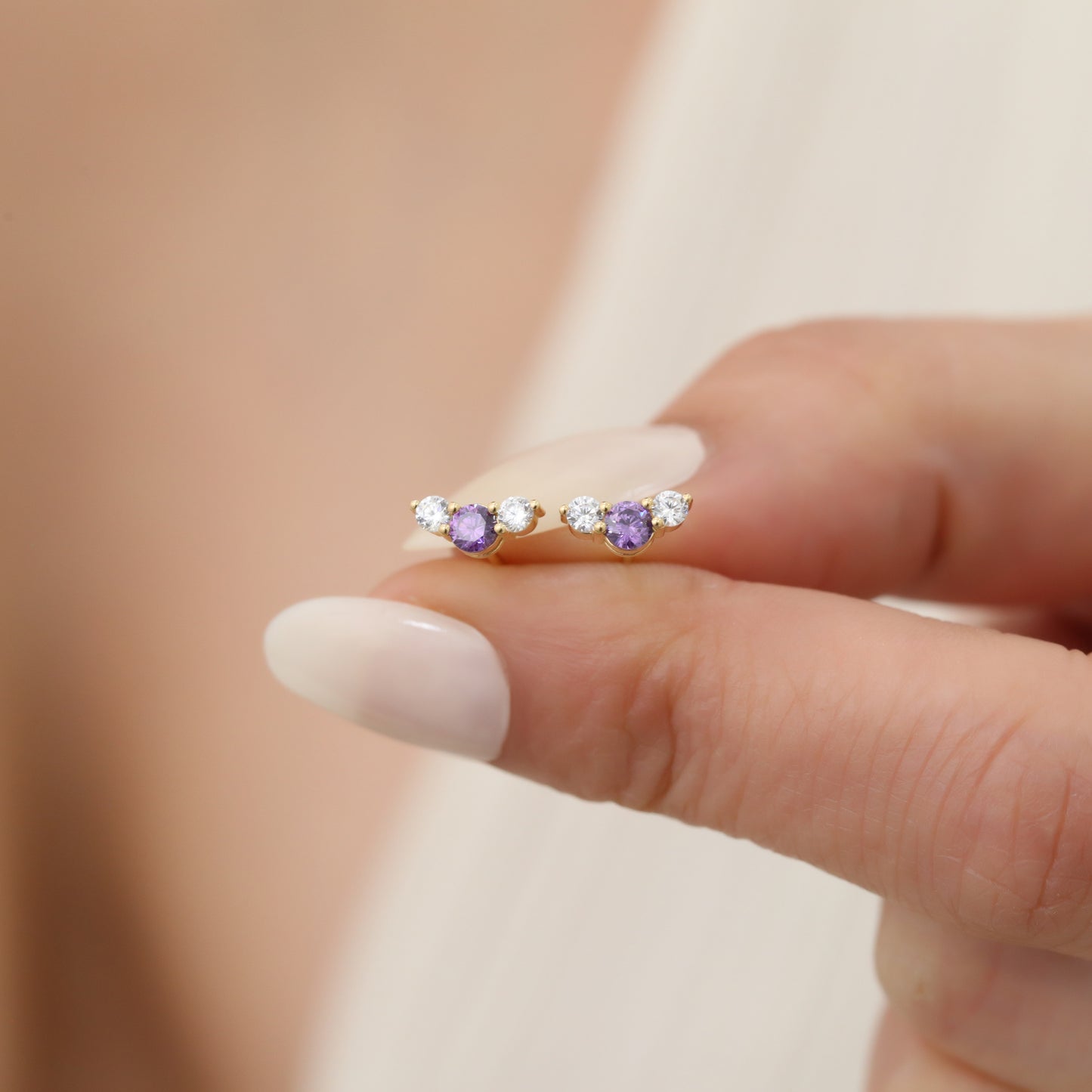 3 Stone Amethyst Stud Earrings with Real Diamonds in 10K/14K Solid Gold, February Birthstone