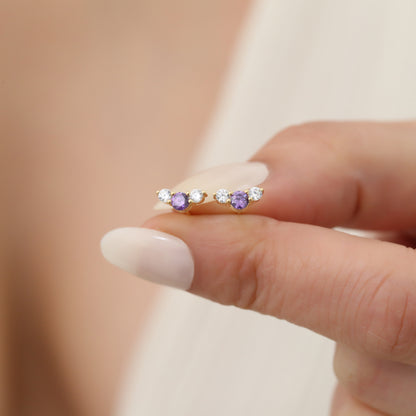 3 Stone Amethyst Stud Earrings with Real Diamonds in 10K/14K Solid Gold, February Birthstone