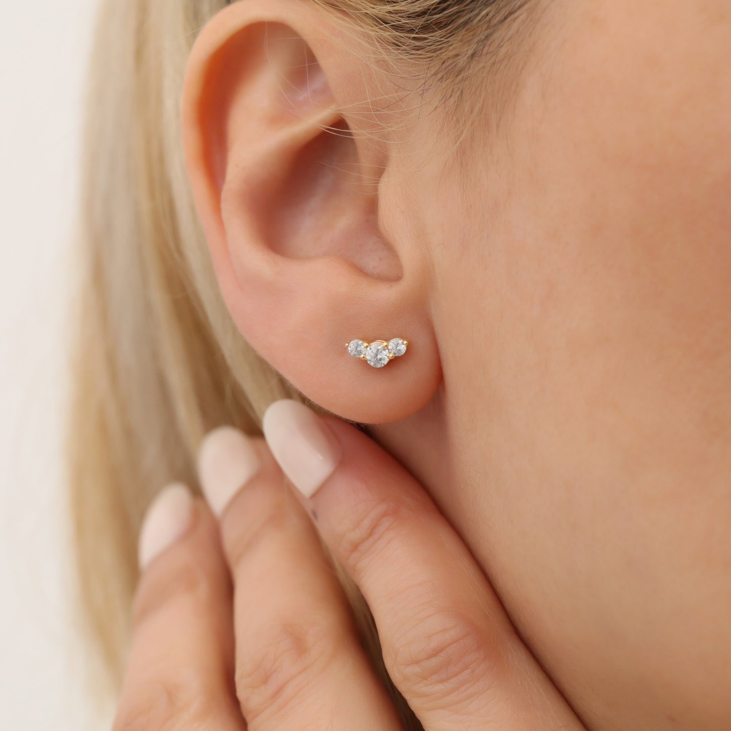 3 Stone White Topaz Stud Earrings with Real Diamonds in 10K/14K Solid Gold, April Birthstone