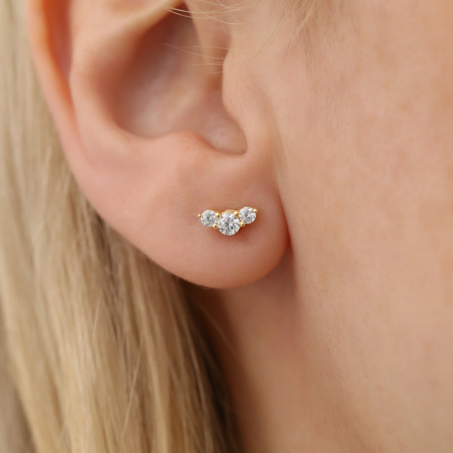3 Stone White Topaz Stud Earrings with Real Diamonds in 10K/14K Solid Gold, April Birthstone