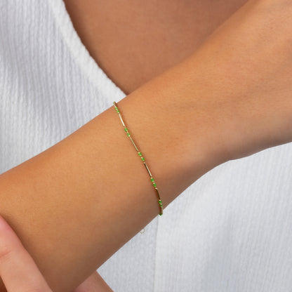 Aquagreen Enameled Beaded Bar Bracelet 14K Solid Gold / Silver, Layered Spaced Design