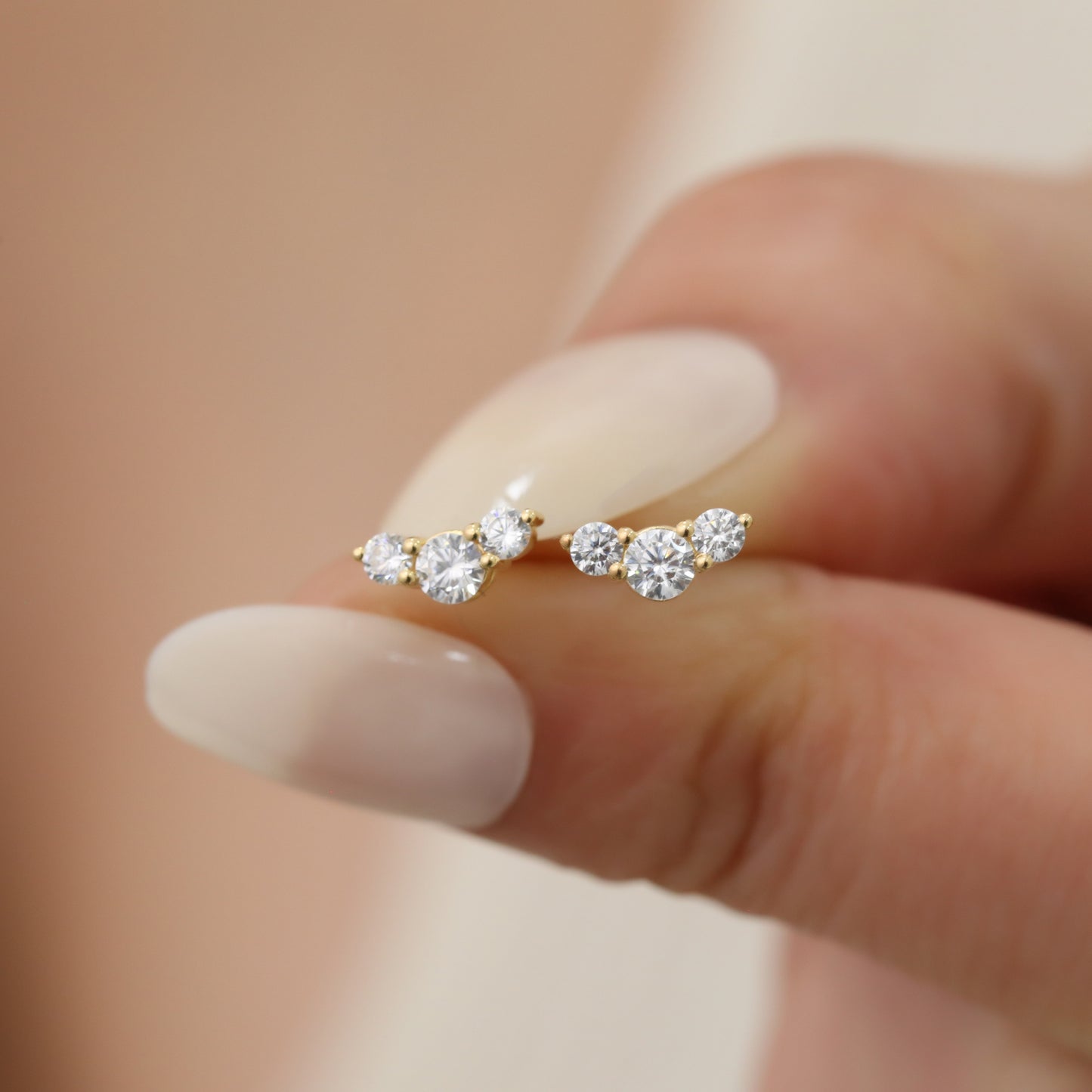 3 Stone White Topaz Stud Earrings with Real Diamonds in 10K/14K Solid Gold, April Birthstone