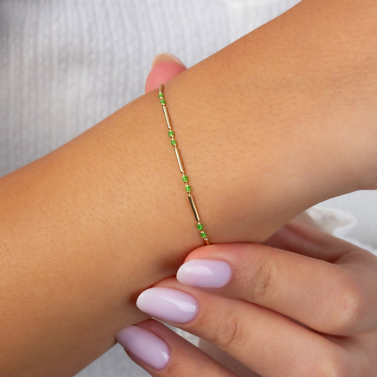 Aquagreen Enameled Beaded Bar Bracelet 14K Solid Gold / Silver, Layered Spaced Design