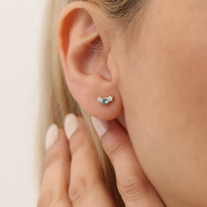 3 Stone Aquamarine Stud Earrings with Real Diamonds in 10K/14K Solid Gold, March Birthstone