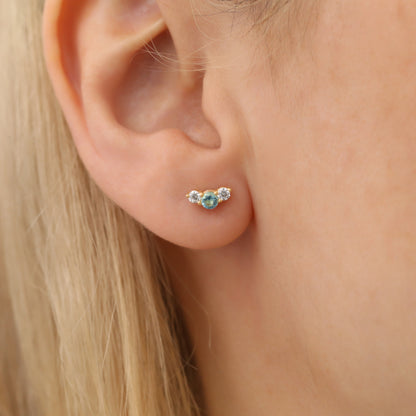 3 Stone Aquamarine Stud Earrings with Real Diamonds in 10K/14K Solid Gold, March Birthstone