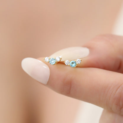 3 Stone Aquamarine Stud Earrings with Real Diamonds in 10K/14K Solid Gold, March Birthstone