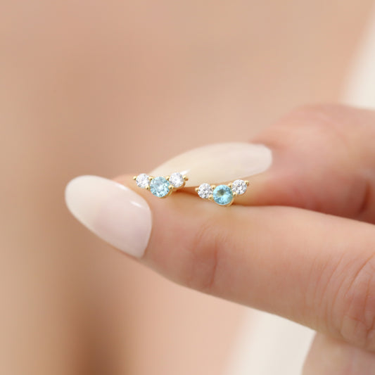 3 Stone Aquamarine Stud Earrings with Real Diamonds in 10K/14K Solid Gold, March Birthstone