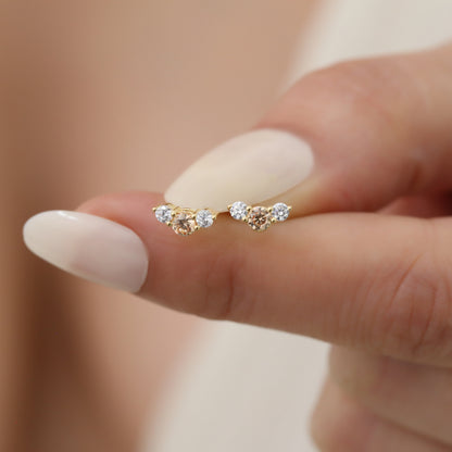 3 Stone Citrine Stud Earrings with Real Diamonds in 10K/14K Solid Gold, November Birthstone