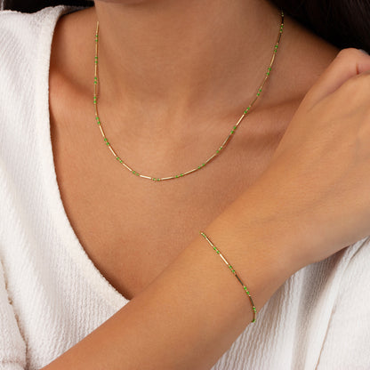 Aquagreen Enameled Beaded Bar Bracelet 14K Solid Gold / Silver, Layered Spaced Design