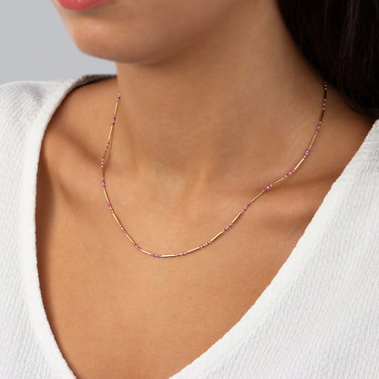 Amethyst 14K Solid Gold / Silver Layered Enameled Spaced Beaded Bar Necklace, Birthstone Jewelry