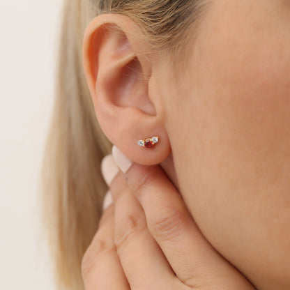 3 Stone Garnet Stud Earrings with Real Diamonds in 10K/14K Solid Gold, January Birthstone