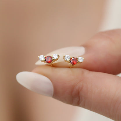 3 Stone Garnet Stud Earrings with Real Diamonds in 10K/14K Solid Gold, January Birthstone