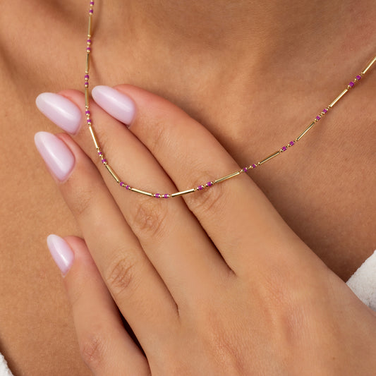 Amethyst 14K Solid Gold / Silver Layered Enameled Spaced Beaded Bar Necklace, Birthstone Jewelry