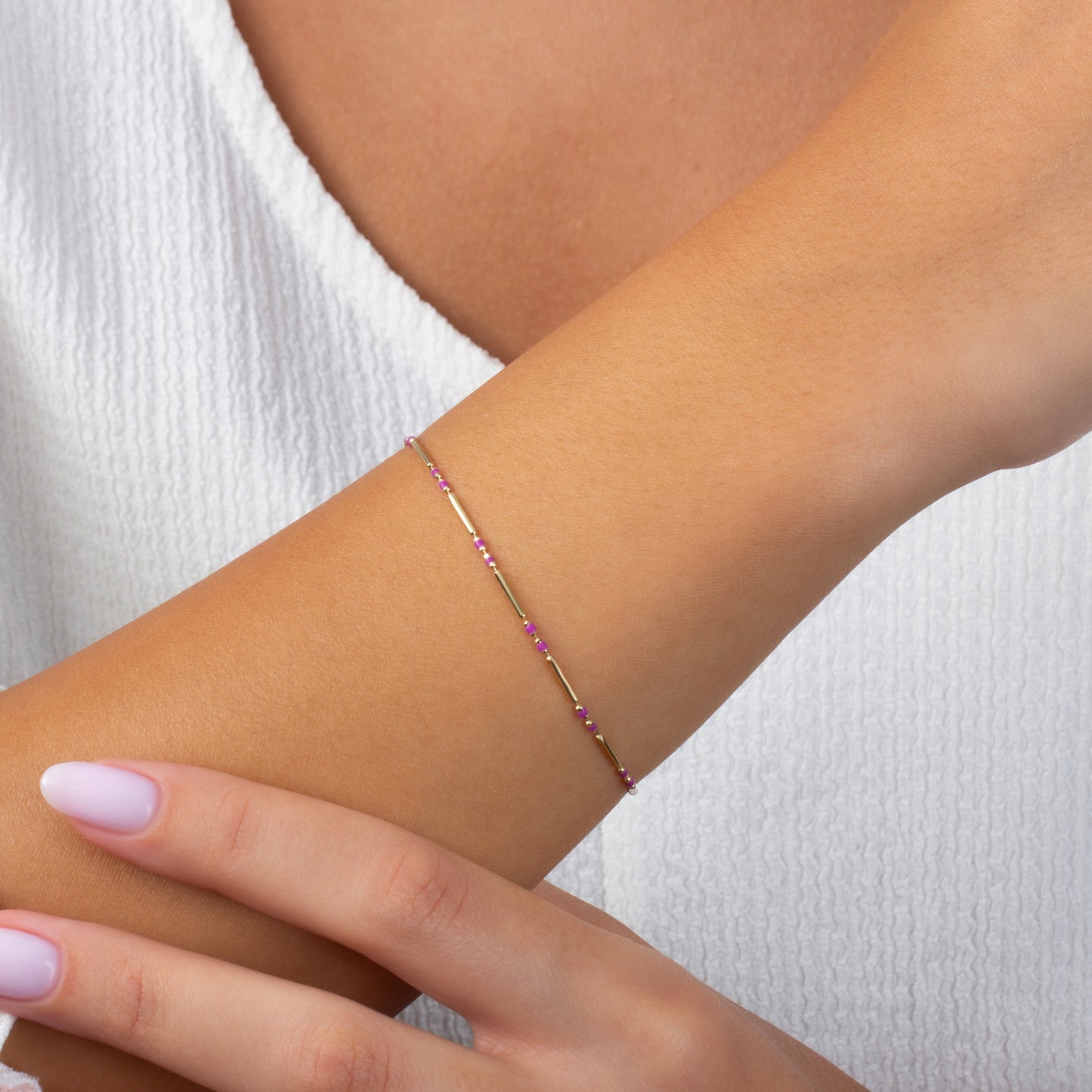 Amethyst Enameled Beaded Bar Bracelet 14K Solid Gold / Silver, Layered Spaced Design
