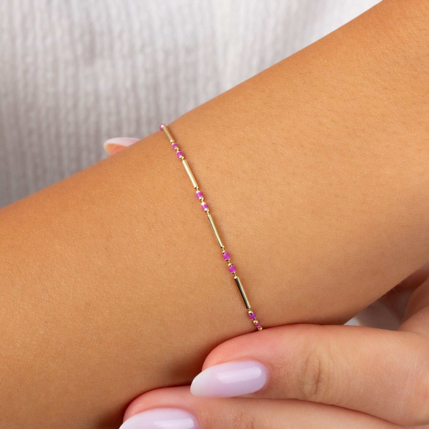 Amethyst Enameled Beaded Bar Bracelet 14K Solid Gold / Silver, Layered Spaced Design