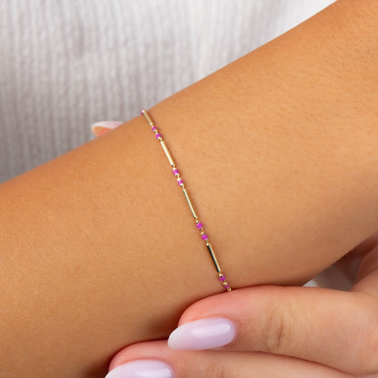 Amethyst Enameled Beaded Bar Bracelet 14K Solid Gold / Silver, Layered Spaced Design