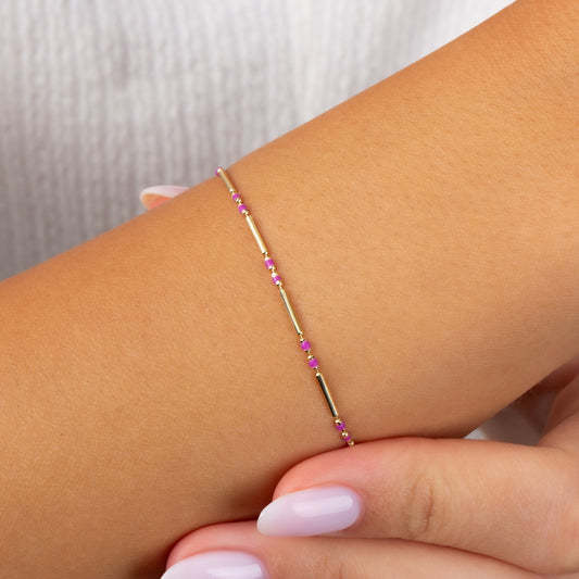 Amethyst Enameled Beaded Bar Bracelet 14K Solid Gold / Silver, Layered Spaced Design