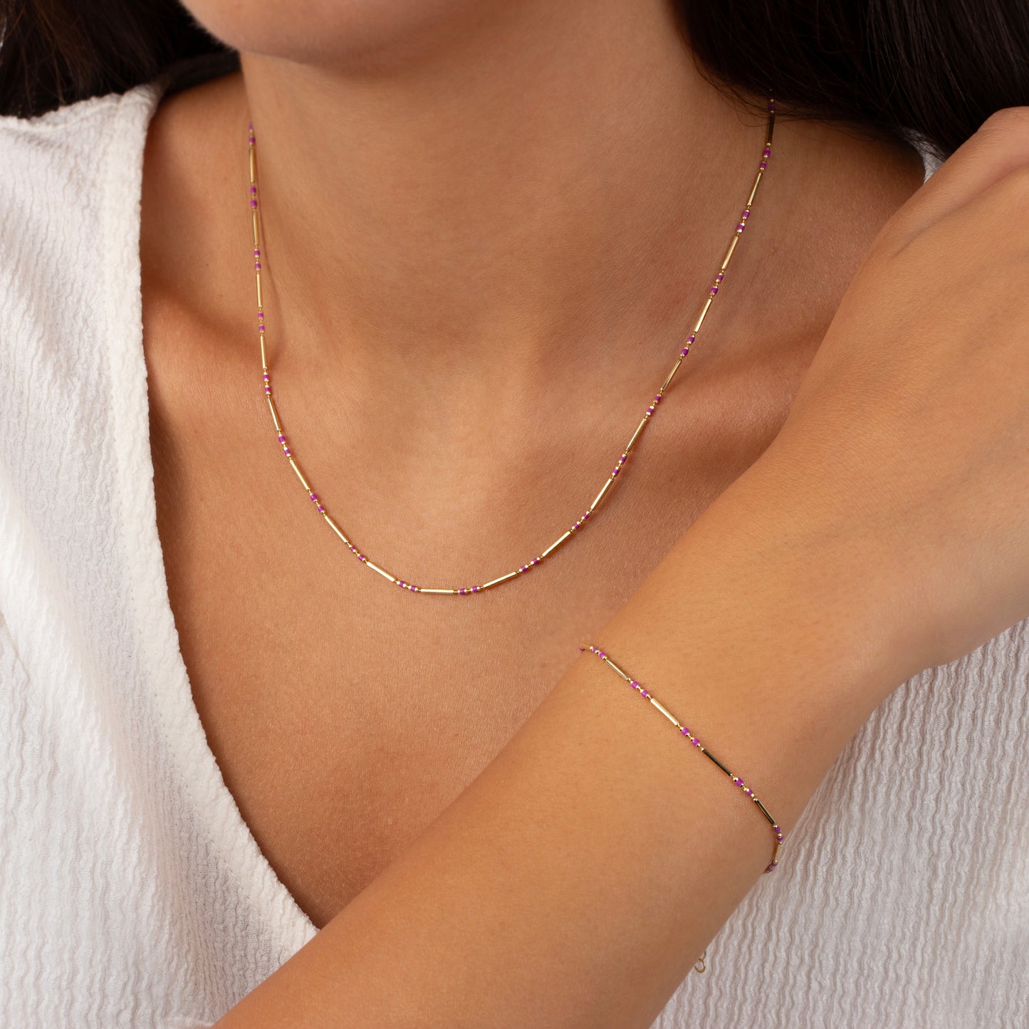 Amethyst 14K Solid Gold / Silver Layered Enameled Spaced Beaded Bar Necklace, Birthstone Jewelry