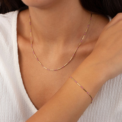 Amethyst 14K Solid Gold / Silver Layered Enameled Spaced Beaded Bar Necklace, Birthstone Jewelry