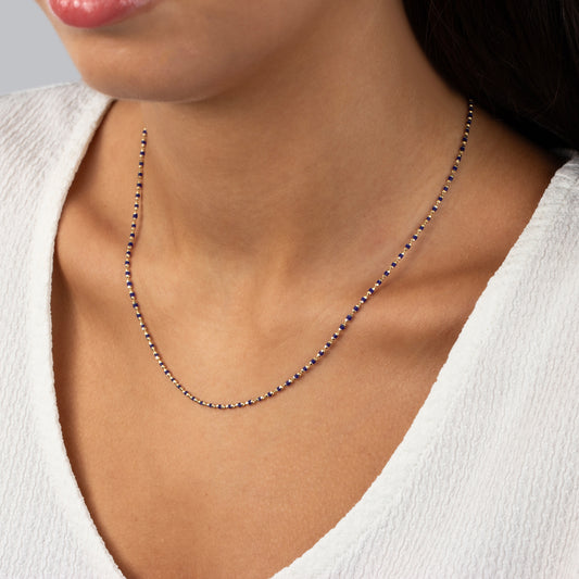 Sapphire Enameled Beaded Necklace in 14K / Silver Solid Gold, Mini Italian Ball Chain
