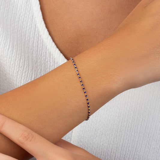 Sapphire Enameled Beaded Bracelet 14K Solid Gold / Silver, Mini Italian Ball Chain