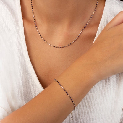 Sapphire Enameled Beaded Bracelet 14K Solid Gold / Silver, Mini Italian Ball Chain