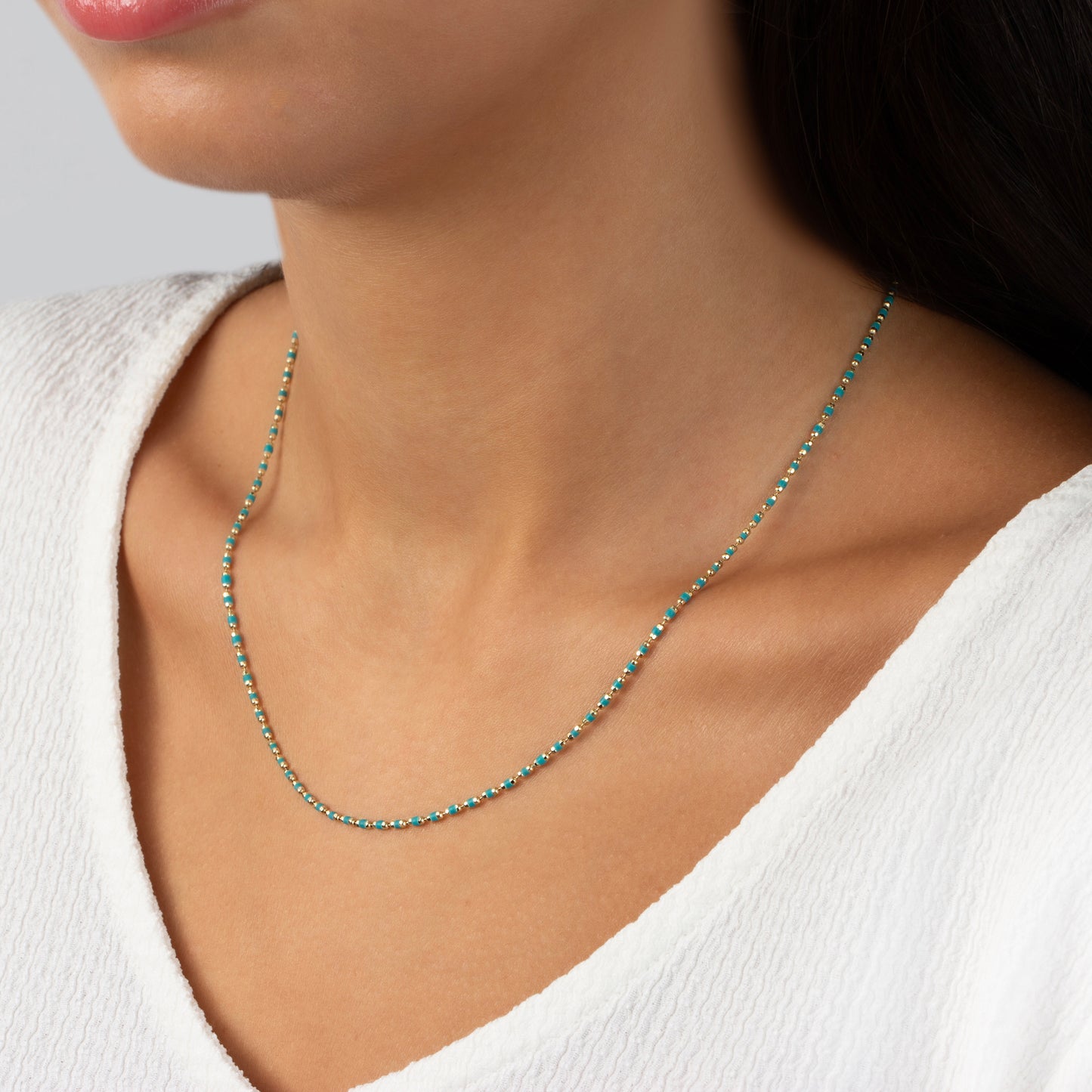 Aquamarine Birthstone Necklace in 14K / Silver Solid Gold, Colorful Enameled Beads on Mini Italian Ball Chain