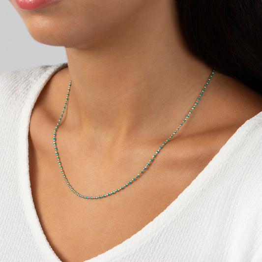 Aquamarine Birthstone Necklace in 14K / Silver Solid Gold, Colorful Enameled Beads on Mini Italian Ball Chain