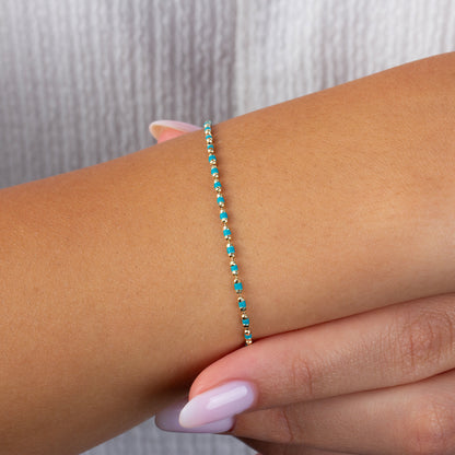 Blue Topaz Enameled Beaded Bracelet 14K Solid Gold / Silver, Mini Italian Ball Chain, December Birthstone